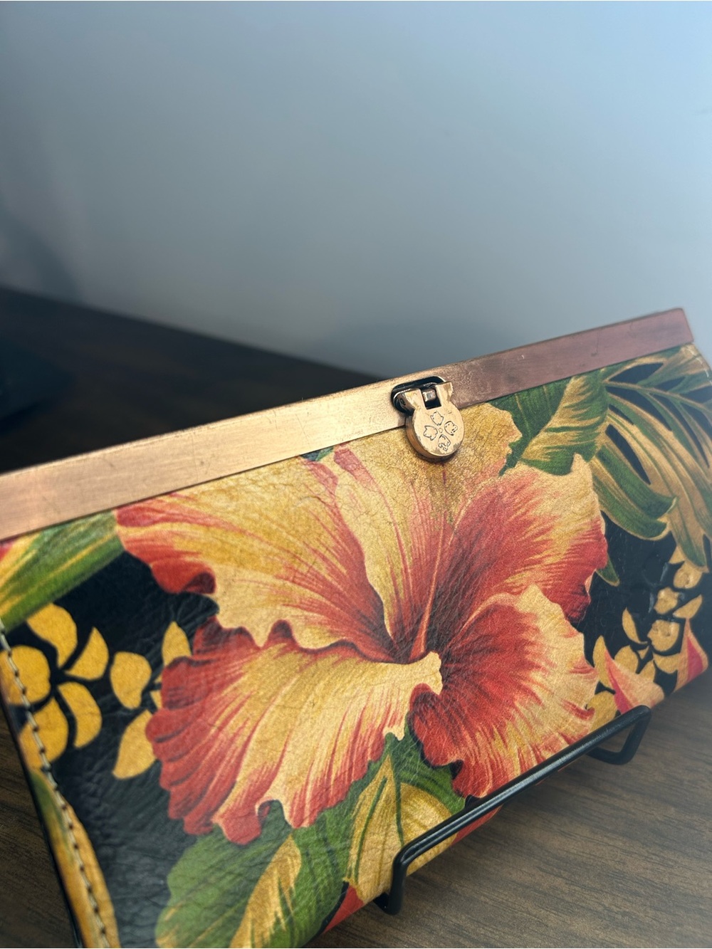 Patricia Nash Cauchy Painted Floral Leather Frame Wallet Brass Clasp